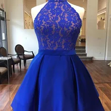 Королевского синего цвета, короткие платья для выпускного платья с круглым вырезом на молнии сзади кружевное атласное мини коктейльное выпускное платье