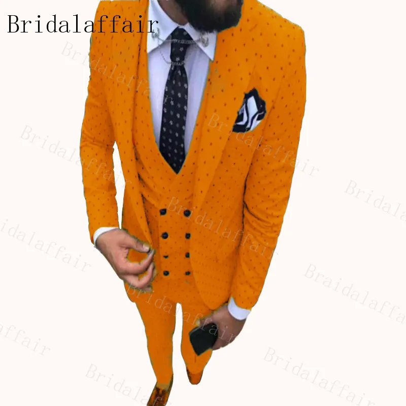 Bridalaffair,, мужской костюм в горошек, 3 предмета, новейший дизайн пальто, брюки, смокинги с отворотом, Женихи, мужские свадебные/вечерние блейзеры - Цвет: orange