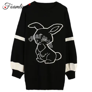 

Foamlina 2019 Women's Long Sweater New Autumn Round Neck Long-sleeved Color Block Rabbit Embroidery Casual Knitted Sweater Top