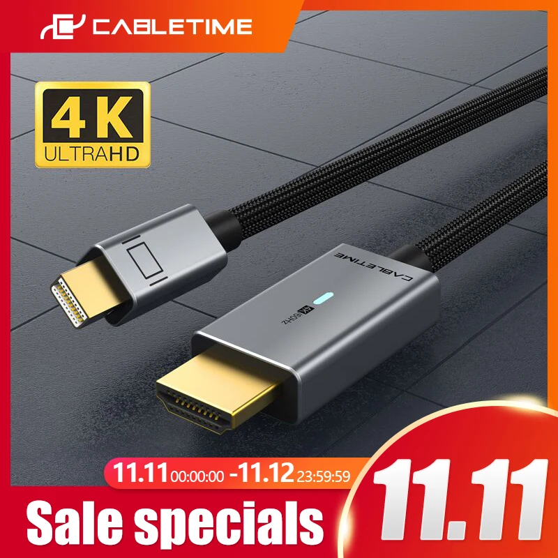 Мини-кабель CABLETIME DP-HDMI 4K/60 Гц нейлоновый Кабель-адаптер Mini Displayport для HDMI Thunderbolt 1 2 Acer