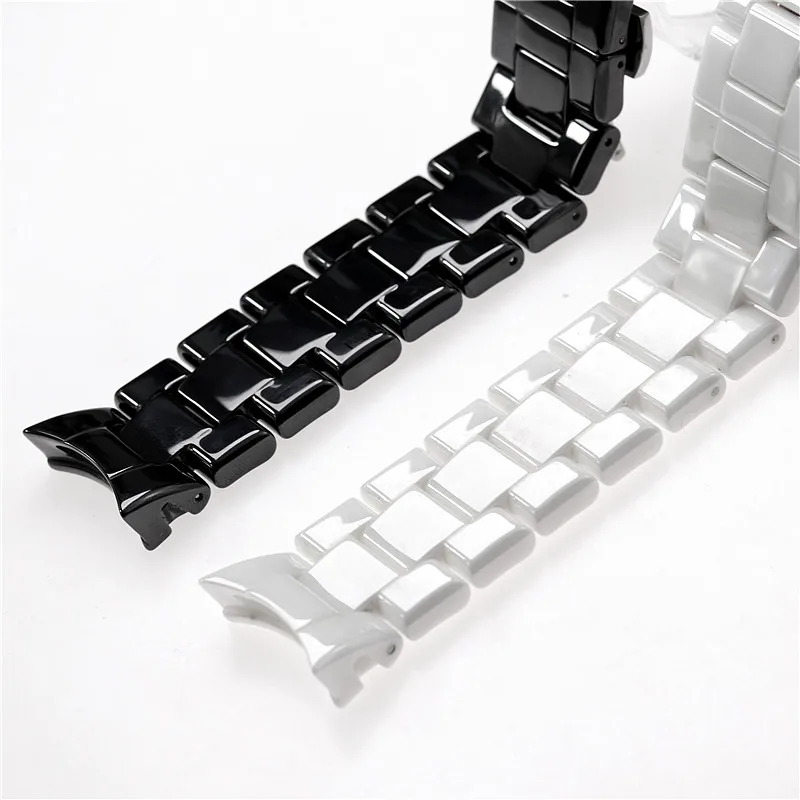 Ceramic Watch Strap Band Bracelet with Butterfly Clasp - Black/White, 18mm/22mm