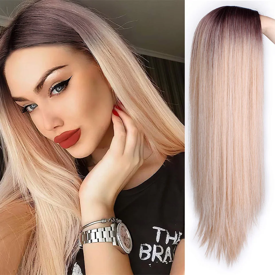Big Sale Blonde Wigs Grey Black Natural Straight Synthetic Blue Green Long Ombre Women Middle-Part AjXNeAbwDYO