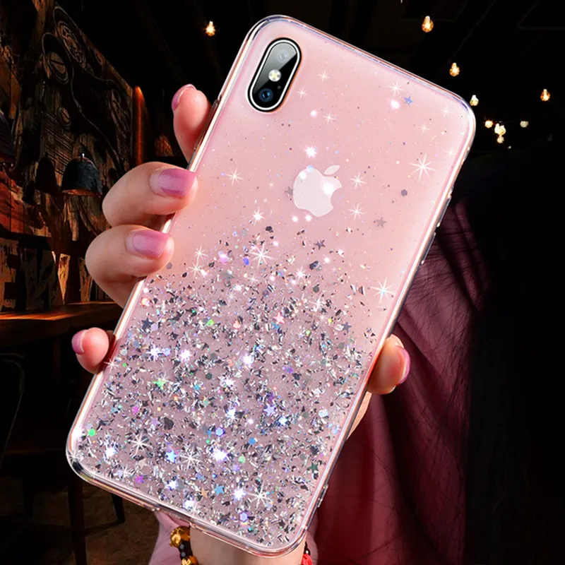 Блестящий Прозрачный чехол со звездами для iPhone 11 Pro X XR XS MAX 7 8 6s для samsung S10 S9 S8 Plus Note 10Pro 8 9 A10A20A30 A40A50A70 - Цвет: Pink