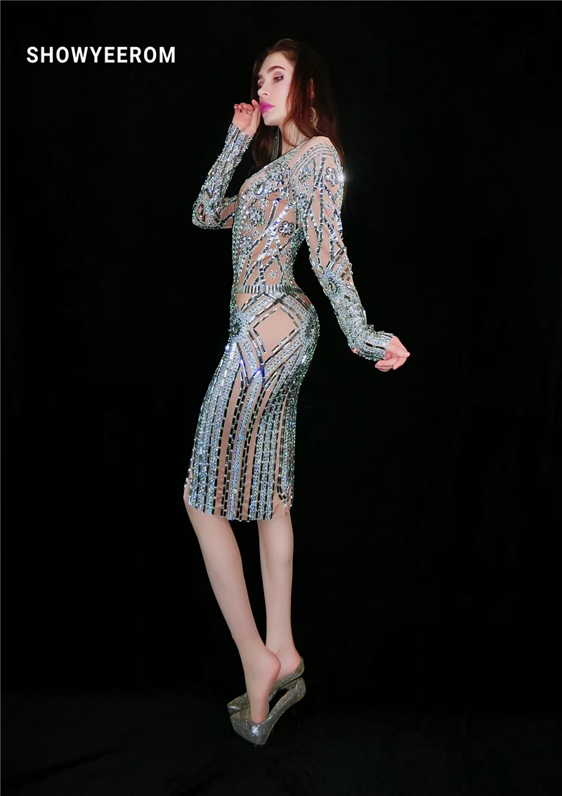 Великолепное блестящее стеклянное платье со стразами вечерняя одежда с длинными рукавами платье телесного цвета день рождения, празднование диамонов платья