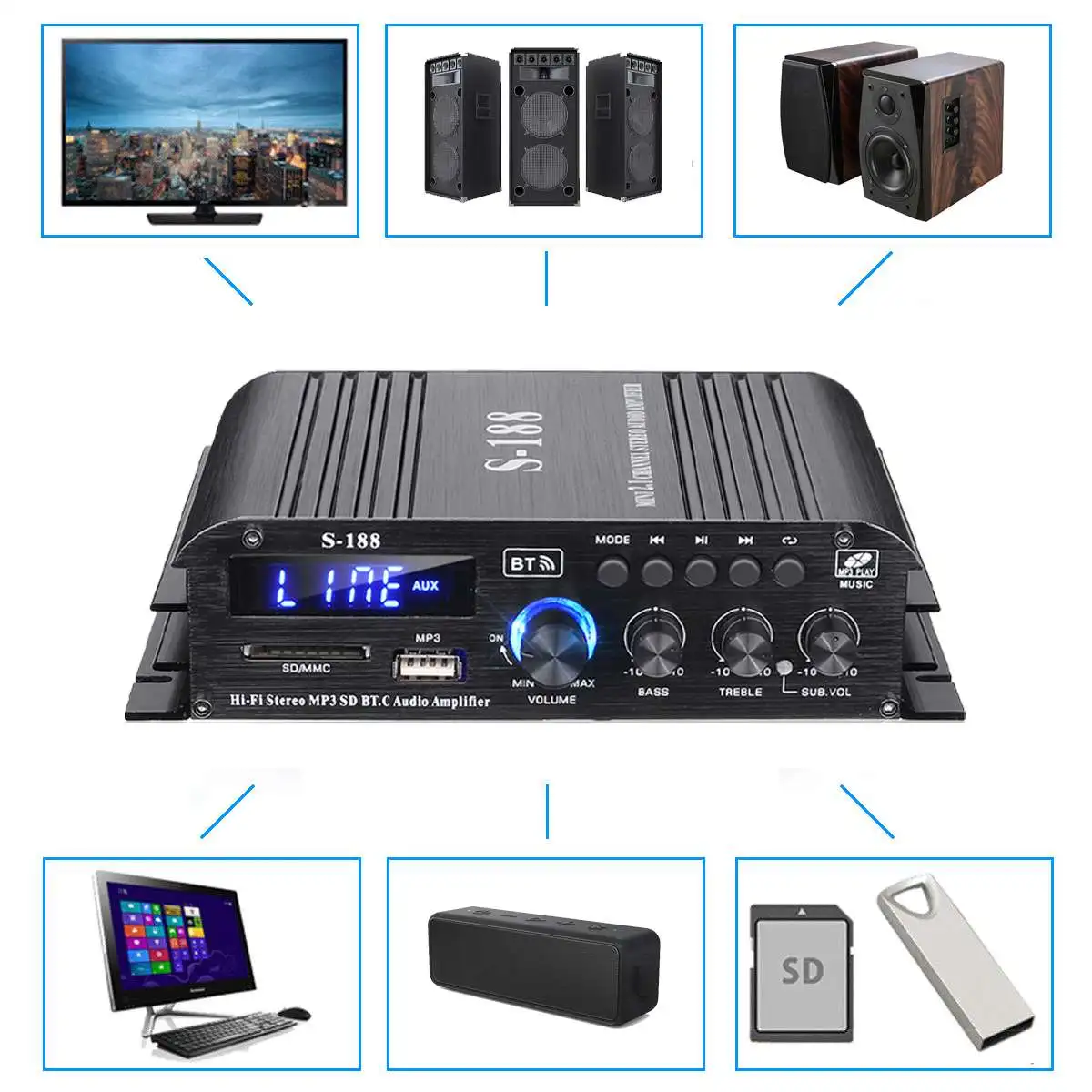 S188 2*400W+200W bluetooth HiFi Power Amplifiers Stereo Home Car Audio 12V Digital Sound Amplifier BASS Music Player AUX USB/SD