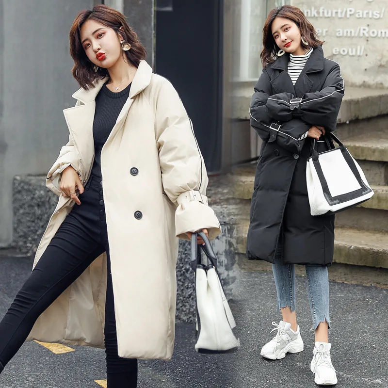 

Thick Cotton Coat Women's Winter 2019 Mid-length Waist Double Breasted Fold-down Collar Versatile Long Sleeve Warm Slimming Cott