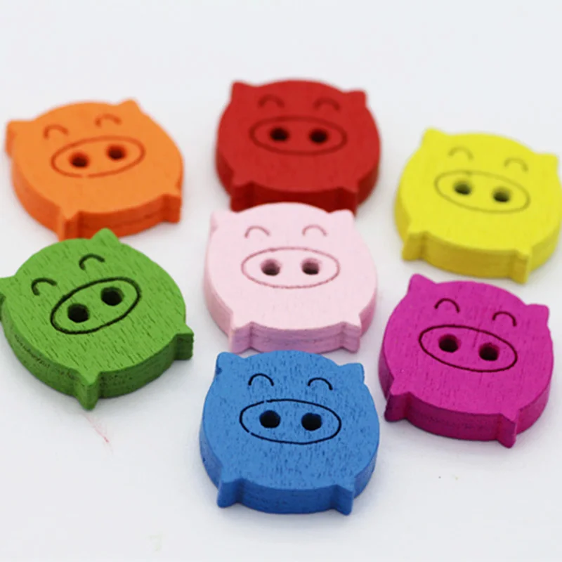 100pcs Cute Pig Wood Buttons Colorful Small Wooden Button DIY Clothing Sewing Accessories Supplies Buttons