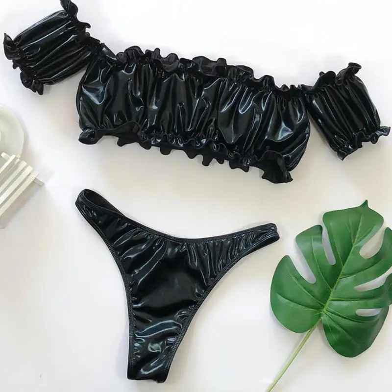 Черный купальник Misswim с открытыми плечами, женское кожаное бикини, набор, короткий рукав, купальник для женщин, летний купальный костюм