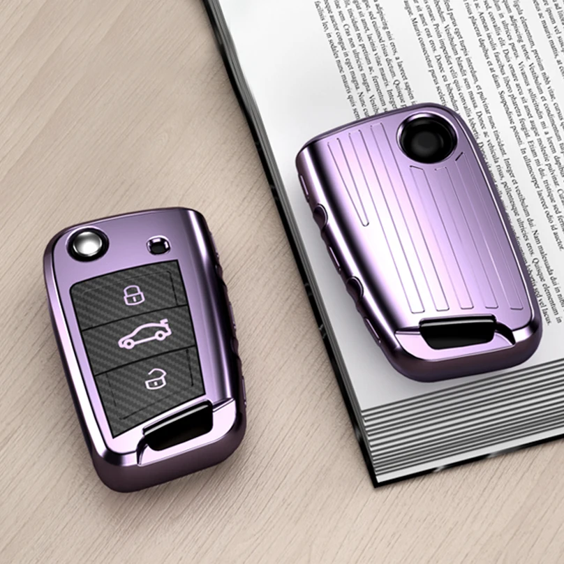 Purple Чехол для ключей из углеродного ТПУ с откидной крышкой для Volkswagen VW Golf 7 GTI R MK7 Tiguan для Skoda Octavia A7 Karoq для Seat Leon Ibiza - Название цвета: Purple