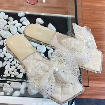 

Butterfly-knot Slippers Women PVC Slides Pearl Decor Lace Square Toe Flat Shoes Women Genuine Leather 2020 Luxury Brand Slipper