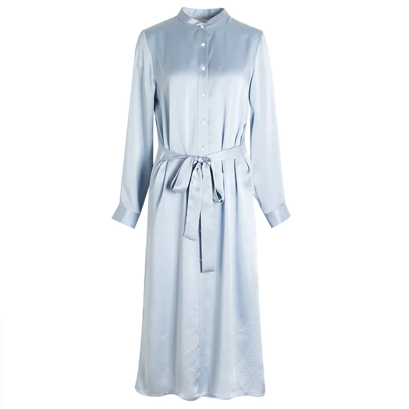 

100% Real Silk Shirt Dress Long Sleeve High Quality Runway Elegant Korean Belt Midi Vintage Autumn Shirt Dress Women Vestidos
