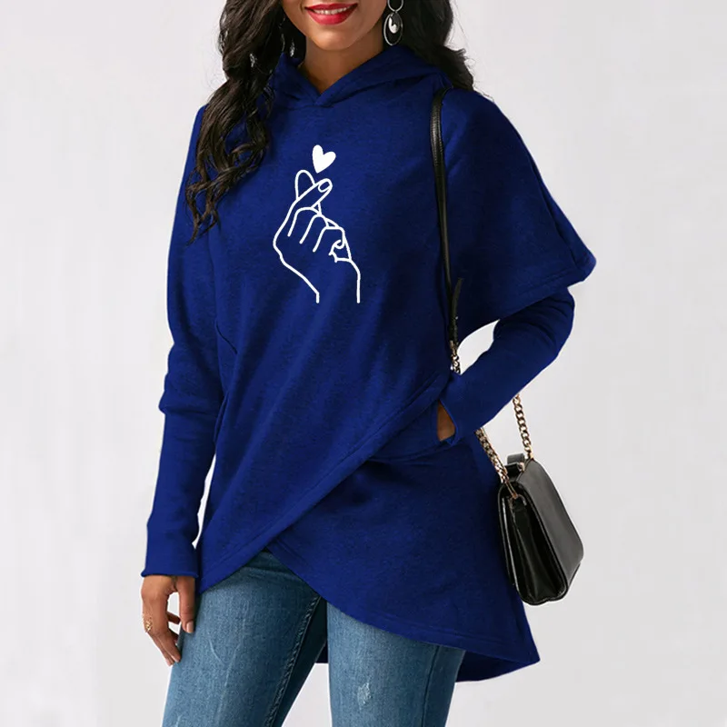 

Plus Size Woman Top Sweatshirt Clothing Long-sleeved Fleece Women's Winter Irregular Than Heart Print Hooded Sweatshirts SW15