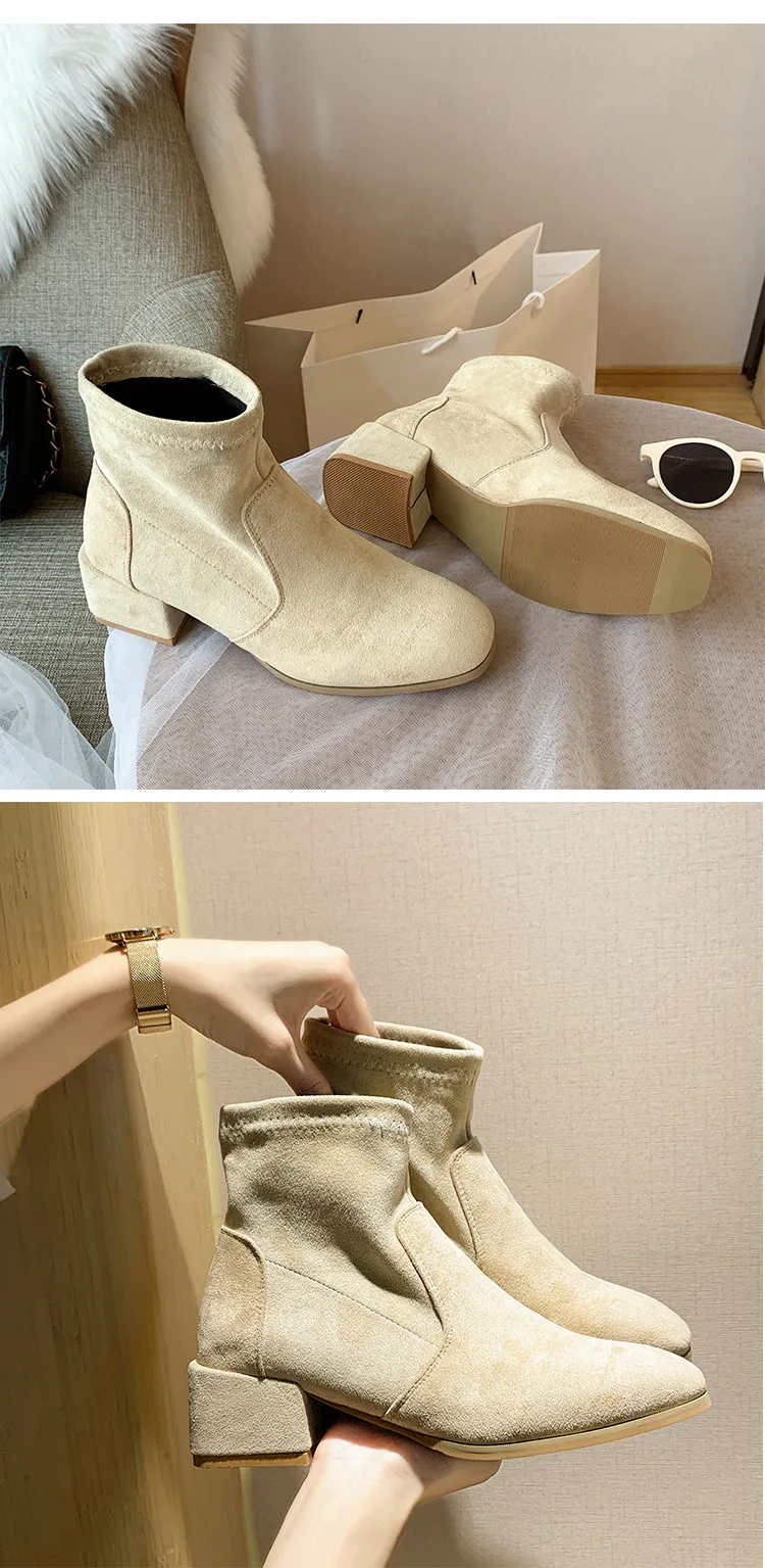 Bootee/ г. Брендовая женская обувь ботинки до середины икры женские ботинки с круглым носком на низком каблуке модные короткие черные ботинки на шнуровке