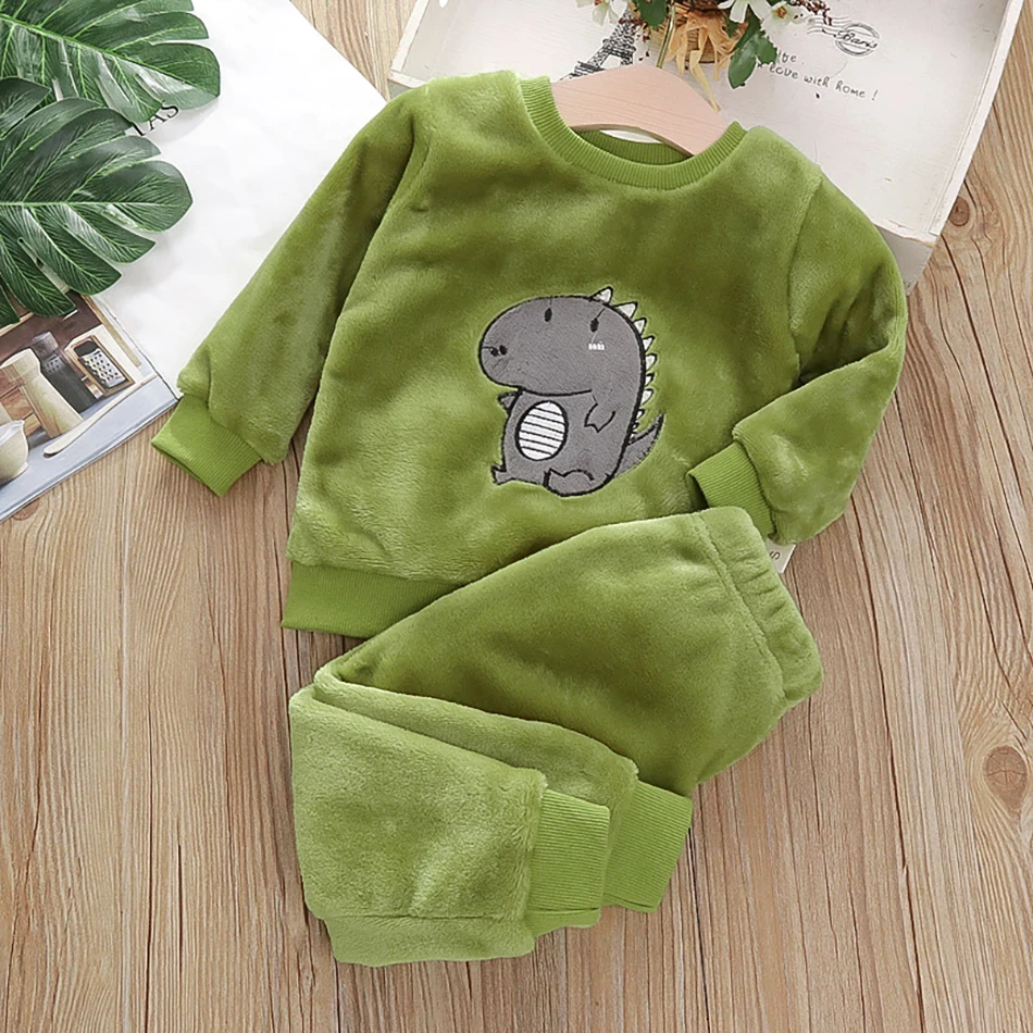 Baby Boy Warm Dinosuar Clothing Set Winter Cartoon Pajamas Outfit for Girls Pleuche Sweater Pants 2pcs Kids Suit 1-6Y kids clothing set