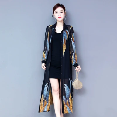 TingYiLi Summer Cardigan Long Chiffon Blouse Shirt Korean Elegant Long Sleeve Ethnic Print Kinomo Cardigan Women 3