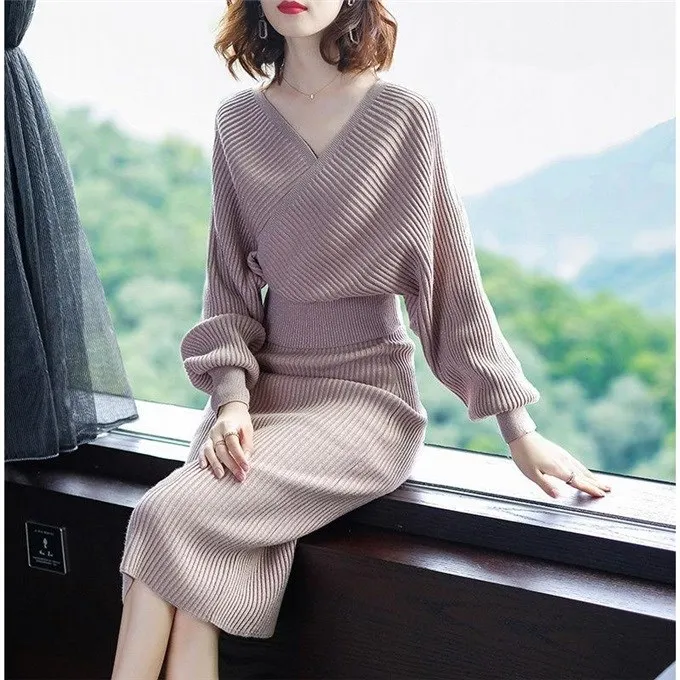 

HAMALIEL Autumn Winter Pink Batwing Sleeve Sexy V Neck Knitted Pullover Fashion 2 Piece Set + Bling Bodycon Pencil Skirt Set