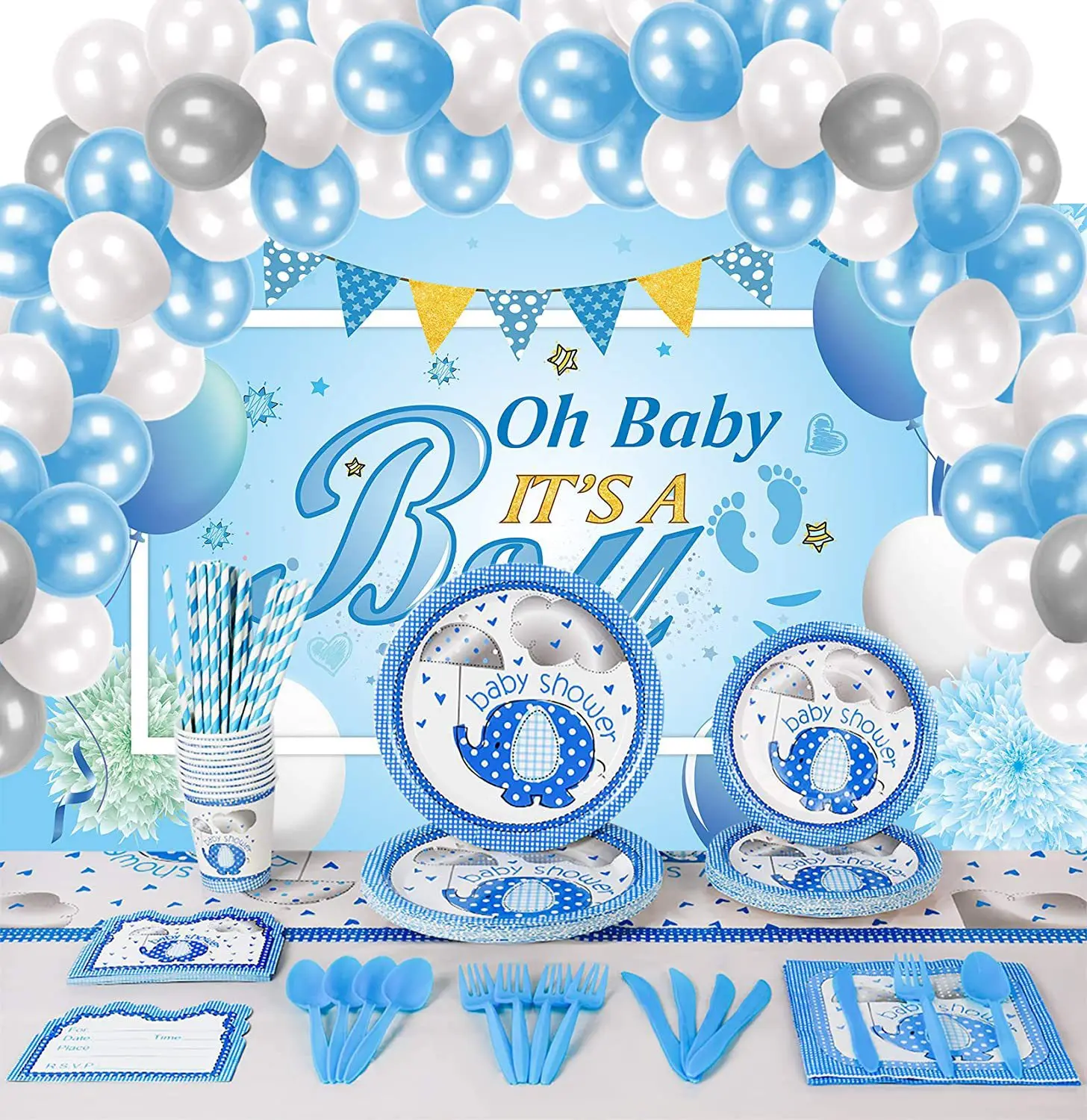 Baby Shower Favors Blue Elephant Stoviglie Piatto Ragazzo O Ragazza Gender Reveal Decorazioni Festa Di Compleanno Sfondo Forniture