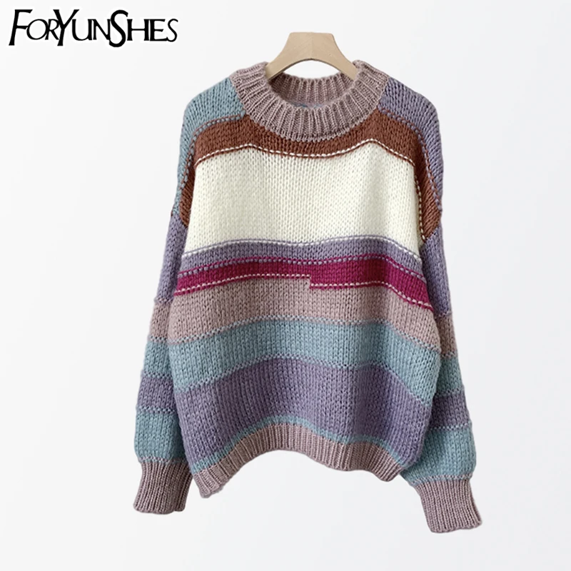 

Women's Knitted Oversize Sweater 2020 Autumn Winter Thick Warm Striped Femme Pullovers Casual Loose Comfortable Home/Office Wear
