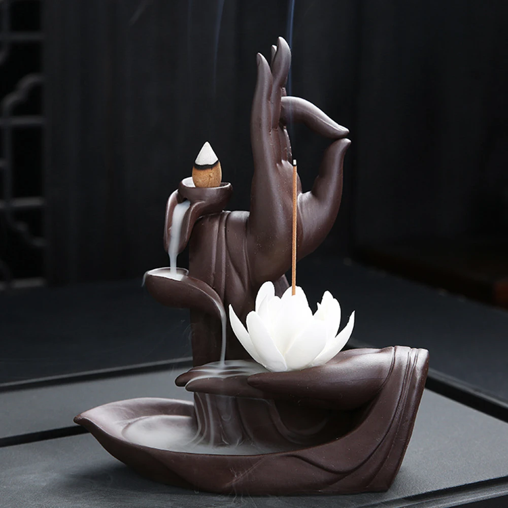 Ceramic Aromatherapy Teahouse Office Home Meditation Buddha Hand Backflow Yoga Incense Burner Clean Air Decoration Vintage