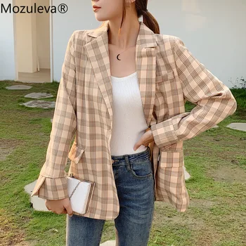 

BornSra 2020 Spring Autumn Women's Blazers New Plaid Pockets Single Breasted Formal Jackets Notched Outerwear Tops Jacket