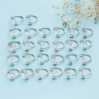 

925 Sterling Silver 26 Alphabet Letter A-Z with Cubic Zircon Stone Adjustable Knuckle Open Finger CZ Rings for Women