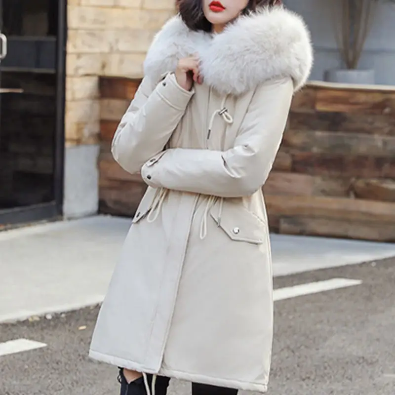 White coat women RICININA, Длинная зимняя куртка, хлопок, Женская парка с капюшоном, с мехом, на молнии, женские пальто размера плюс, женские куртки, повседневное пальто, шерсть - Цвет: White coat women