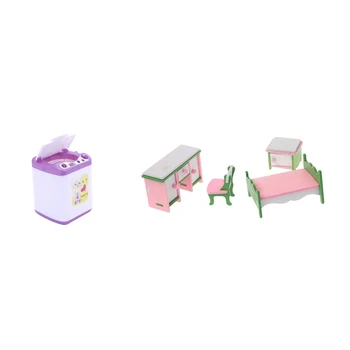 

2 Set Baby Wooden Dollhouse Furniture Dolls House Miniature Child Play Toys Gifts, 1 Set No.9 & 1 Set Washing Machine