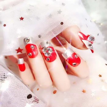 

Rhinestone Full Cover Red Finger Artificial Fake Nails with 2g Glue Women Nail Beauty 24pcs Shinning Finger fake press on nails