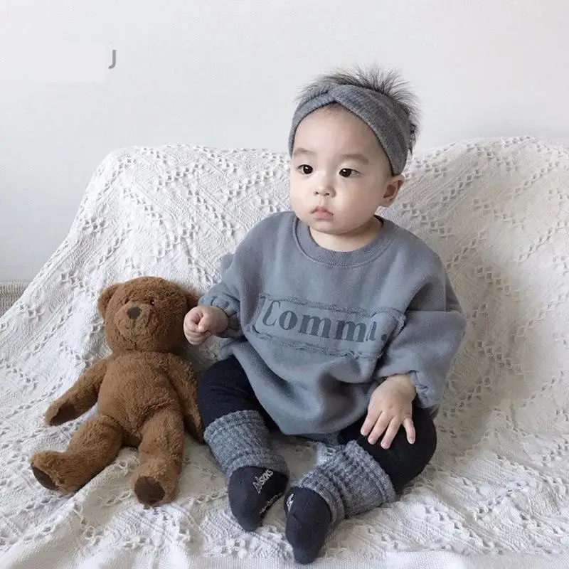 

3019 2019 Korean Baby Letter Fleece Lining Girls Boys Romper Loose Toddler Sweatershirt Infant Outfits Children Winter Clothes