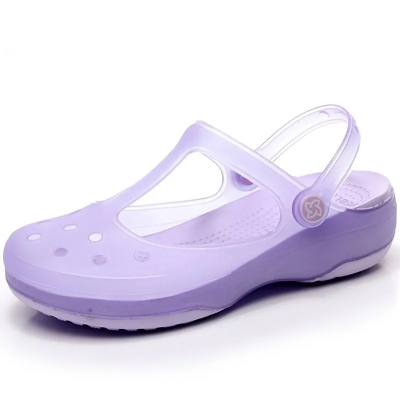Purple Летние женские пляжные дышащие тапочки ярких цветов; женские сандалии; прозрачная обувь; Милая садовая обувь; яркие цвета для девочек - Цвет: Purple