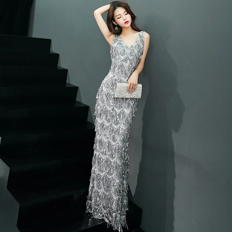 Sexy Womens Bride Party Dress V-Neck Sequin Evening Cheongsam Backless Costume Dress Long Gown Wedding Qipao Vestido S-XXL