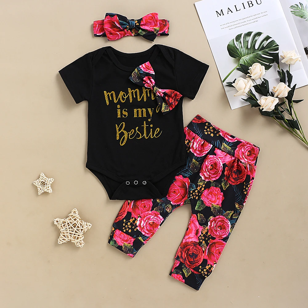 CYSINCOS Newborn Baby Girls Short Sleeve Letter Tops +Flower Pants+Headband Print 3Pcs Outfits Casual Polyester Toddler Clothes