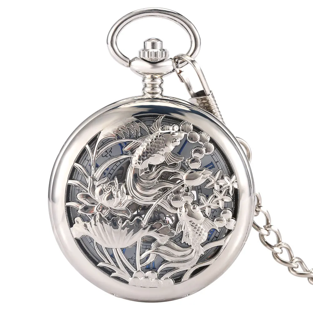 Silver Hollow Two Fish Design Manual Mechanical Pocket Watch Blue Romen  Numerals Watch Face Pendant Necklace Clock Man Women|Pocket & Fob Watches|  - AliExpress