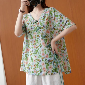 

COIGARSAM Vintage Print Shirt Womens tops New Summer Cotton Linen Belt V-Neck Women shirts Green Blue 8127
