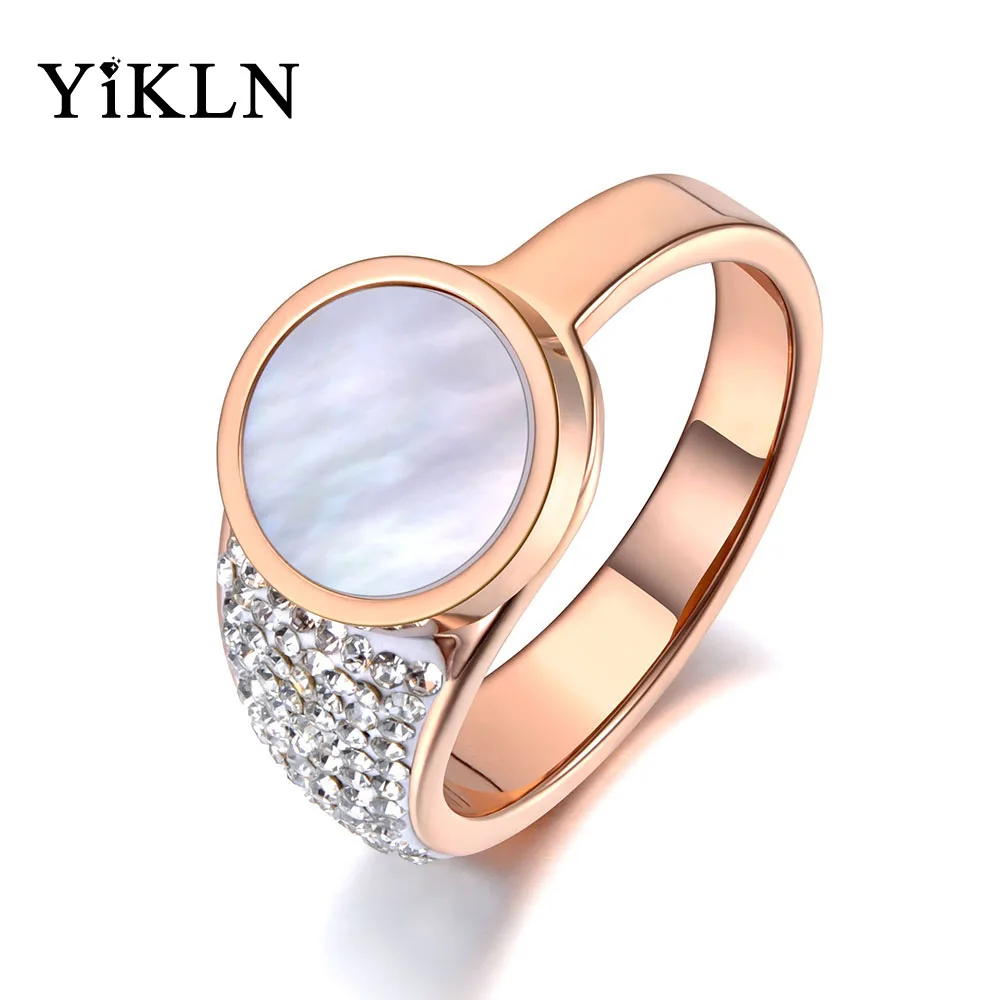 YiKLN Classic Rose Gold Stainless Steel White Shell Rings For Women Girl Mosaic CZ Rhinestone Love Wedding Ring Jewelry YR19076