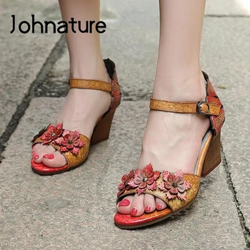 

Johnature High Heels Sandals Women Shoes Genuine Leather 2020 New Summer Retro Platform Buckle Strap Casual Ladies Sandals