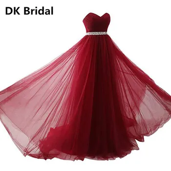 

Simple 2019 Women Wine Red Evening Dress Formal Tulle Dresses Sweetheart Neckline Sequin Beaded Prom Graduation Party Dress