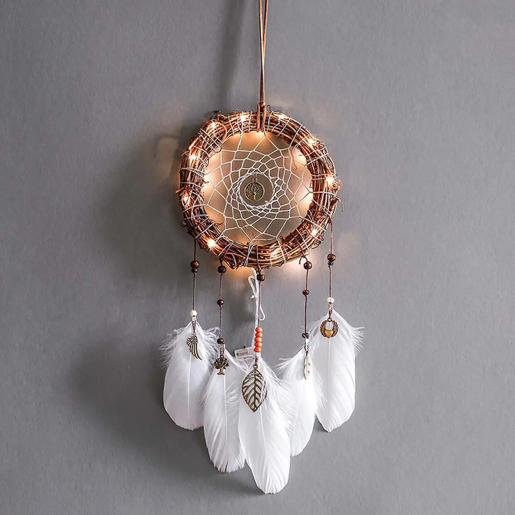 Modern Adjustable Handmade Feather Tree Vine Dream Catcher With Light Pendant Household Decorations Luminaire Bulb