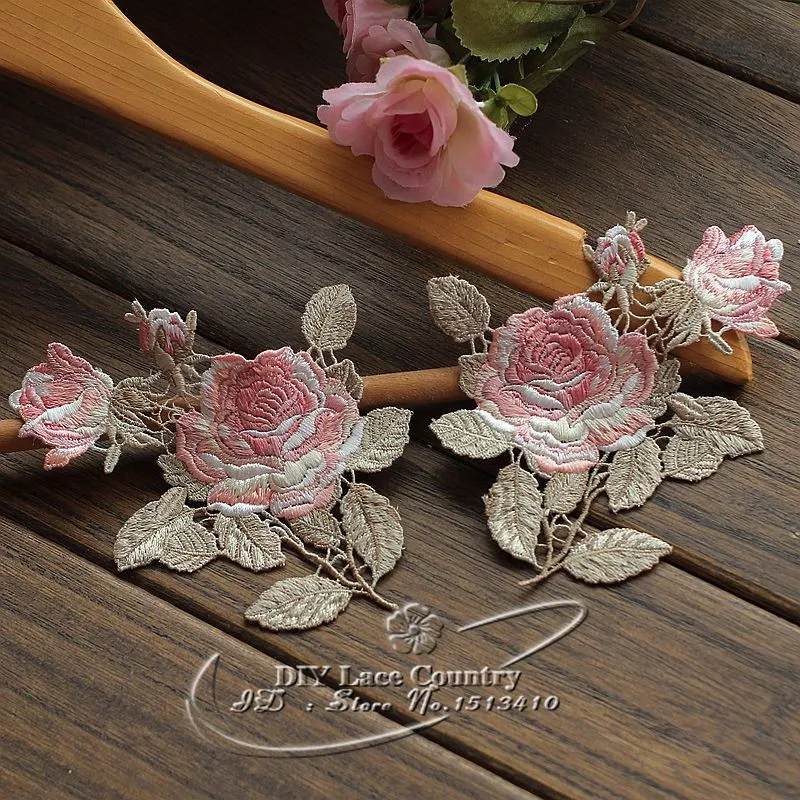 

A Pair Patches 13.5x10.5CM Sew-On Embroidered Polyester Lace Applique Sewing Patch Lace Trim For Collar Beautiful Patches