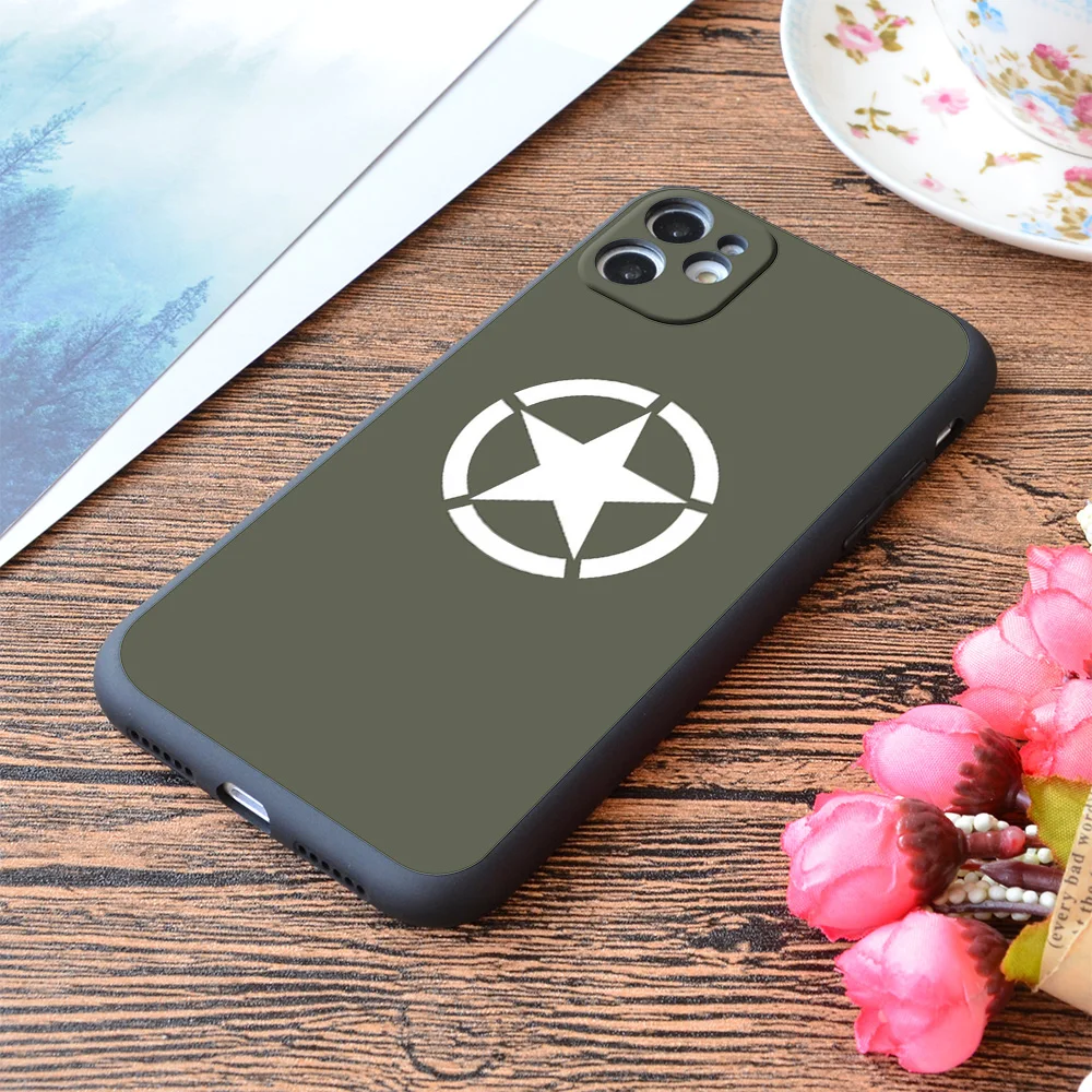 

For iPhone Vintage White Army Star & Green Background Print Soft Matt Apple iPhone Case