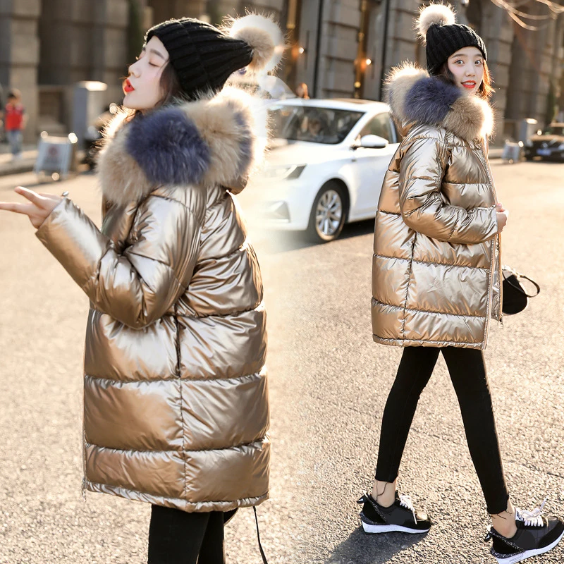 

2020 Winter Mid-Length Glossy Parka Women's Waterproof Coat Fur Hooded Jacket Plus Size Loose Winter Thick Parka Women Jacket