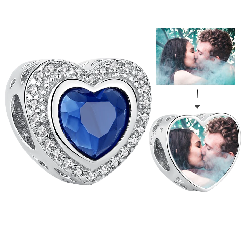 

Heart Blue Big Crystal Charms Custom Photo Beads fit Charm Bracelet Long Necklace Women Ladies Party 925 Sterling Silver Jewelry