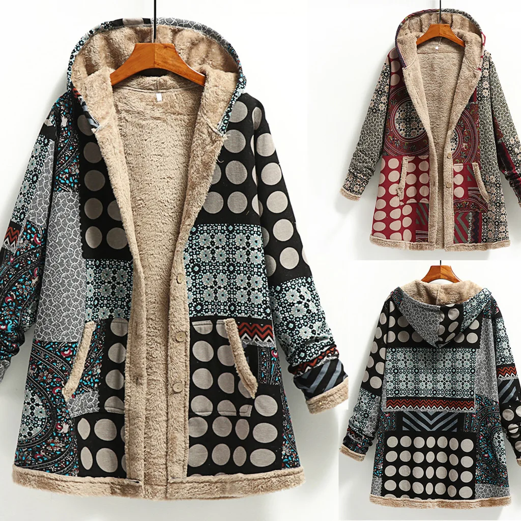 

2020 women's jacket plush coat ladies windbreaker winter warm jacket printing hooded pocket retro oversized jacket plus
