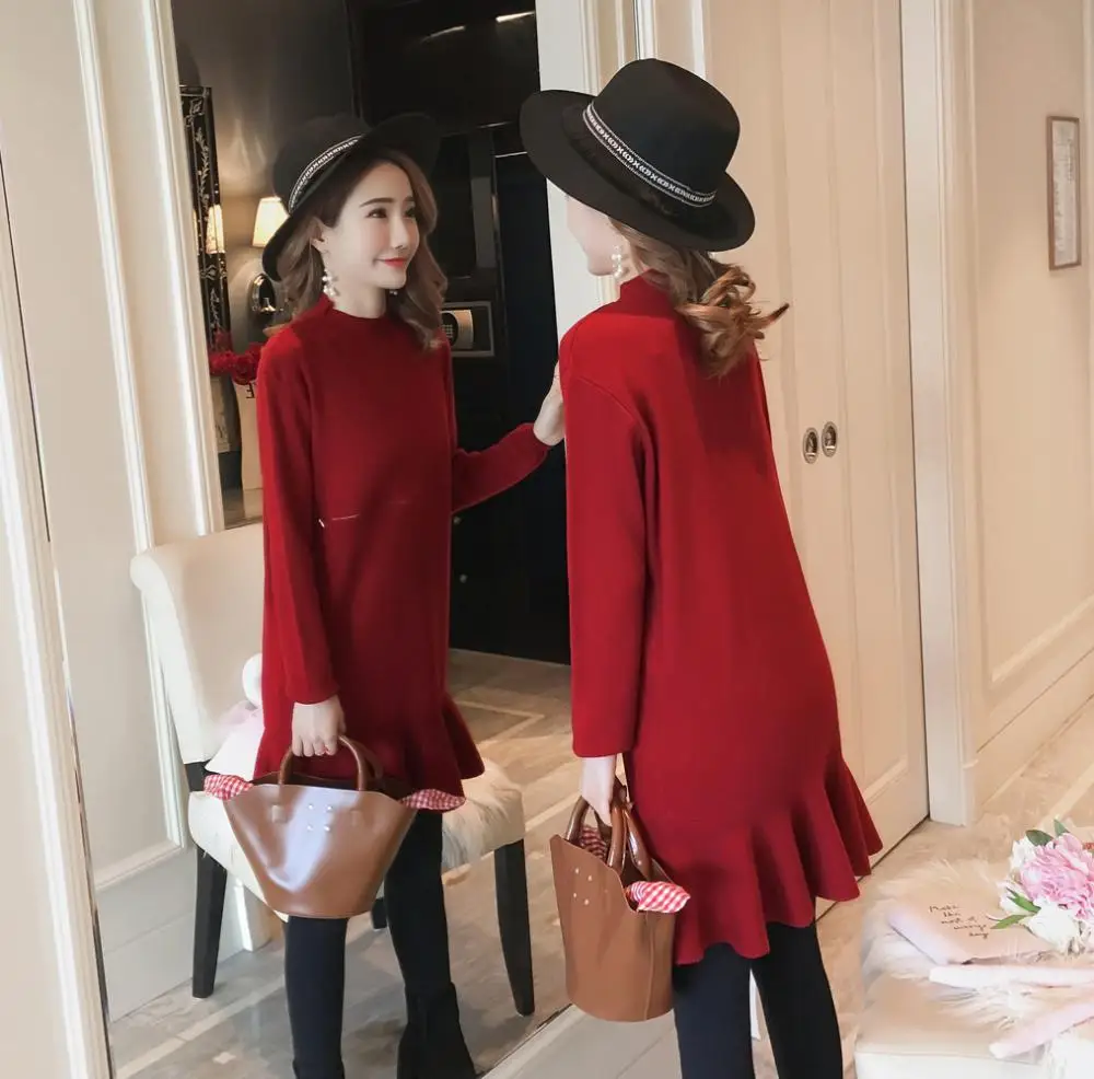 

Ruffle Knitted Dresses Maternity Autumn Winter Casual Slim Bottoming Dresses Pregnancy Sweater For Pregnant Women Mother Wear