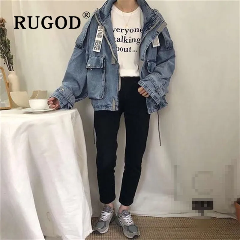 RUGOD весна стиль Kpop одежда водолазка на молнии велкро джинсовая куртка размера плюс женская уличная мода