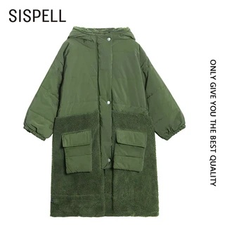 

SISPELL Patchwork Lamb Wool Cotton Jacket For Female With Hat Long Sleeve Loose Patchwork Pocket Oversized Casual Coats 2020