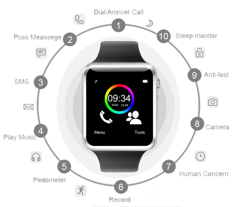 A1 Смарт часы SIM часы телефон камера SmartWatch Шагомер монитор сна SMS напоминание о звонке для Android