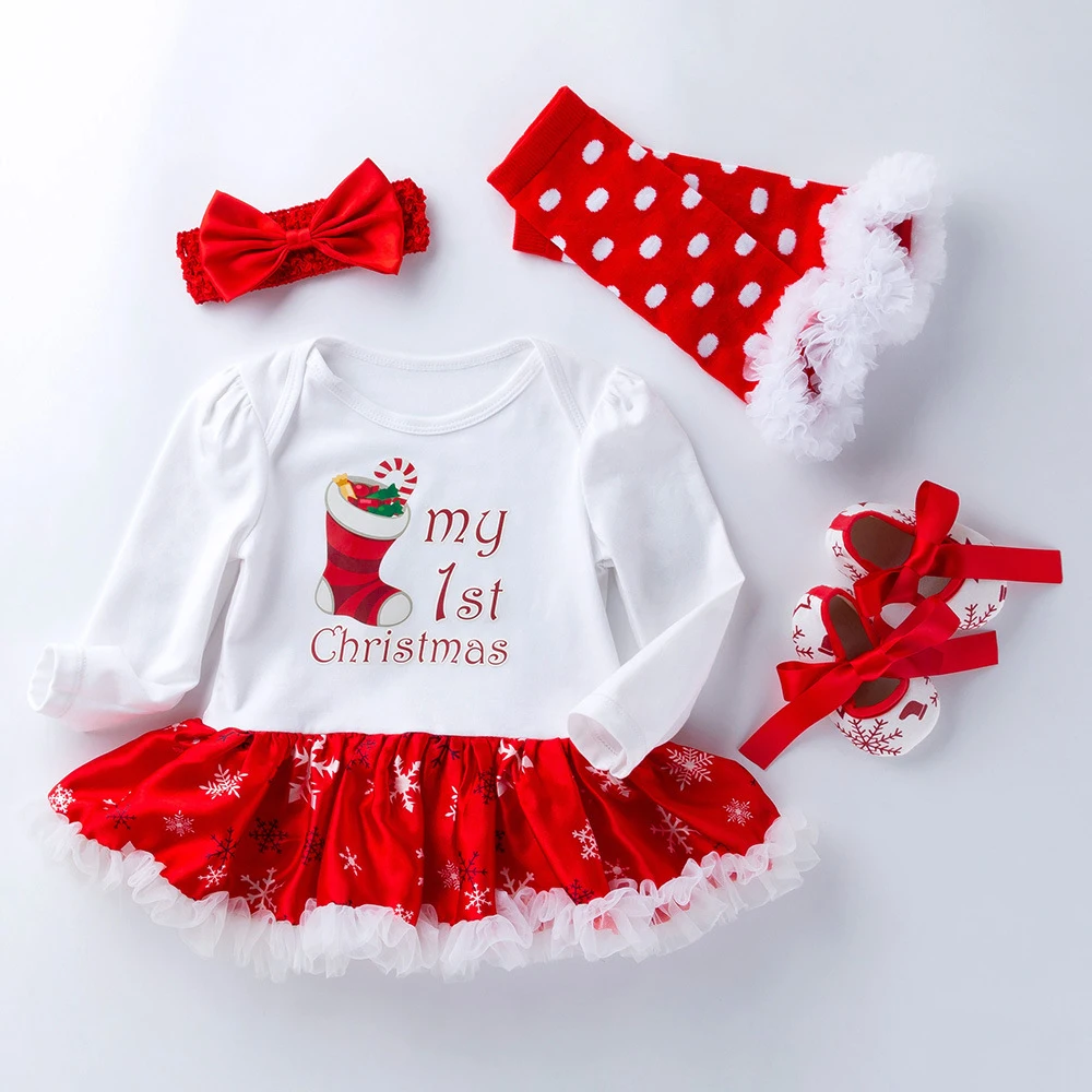 1Headband Bodysuit Girl 4pcs Set New year Sleeve Tutu Skirt baby christmas Princess Newborn Romper Baby clothing Girls Clothes