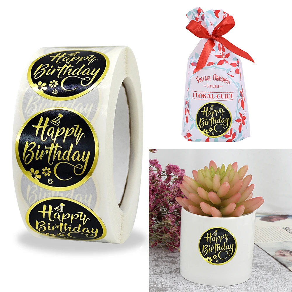 

500PCS/roll 2.5CM Cute Gold Happy Birthday Stickers Party Gift DIY Birthday Decoration Sealing Label Planner Stickers
