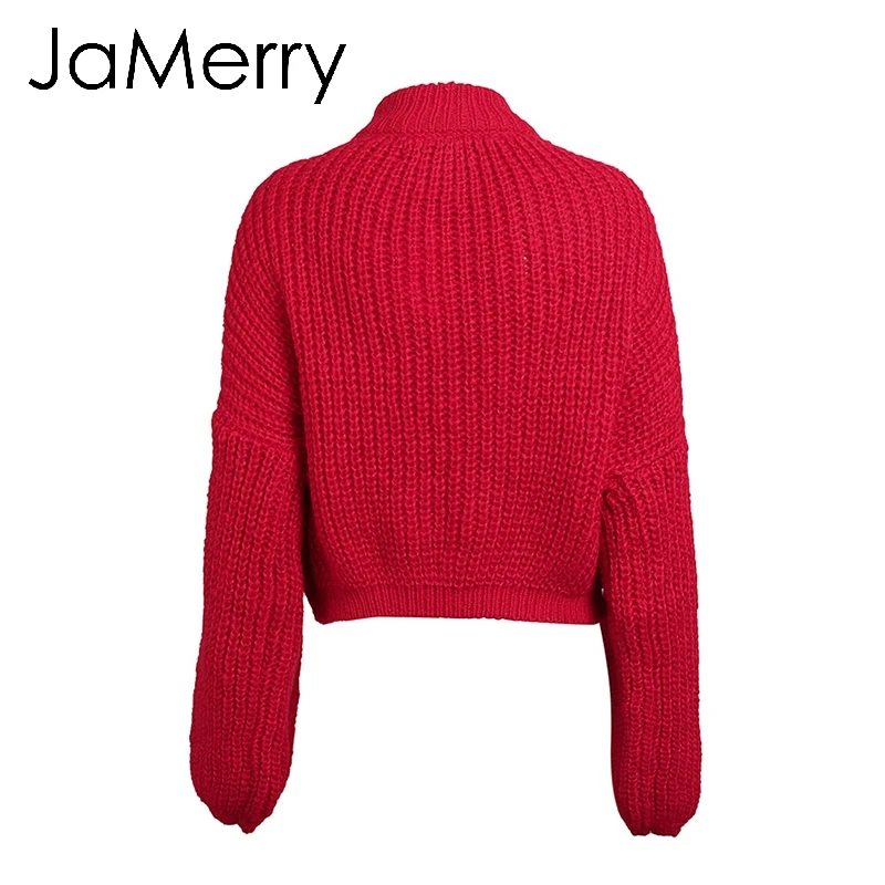 JaMerry Винтаж зимний фонарь рукав вязаный свитер пуловер Для женщин Свободные Круглый воротник красный свитер женский Осень свитер для повседневной носки трикотаж